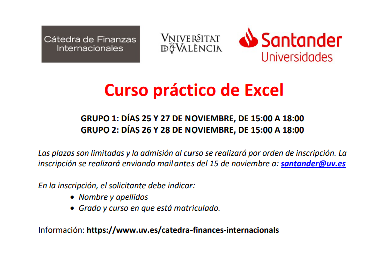 Cartel del evento. Curso Excel. Cátedra Finanzas Internacionales UV
