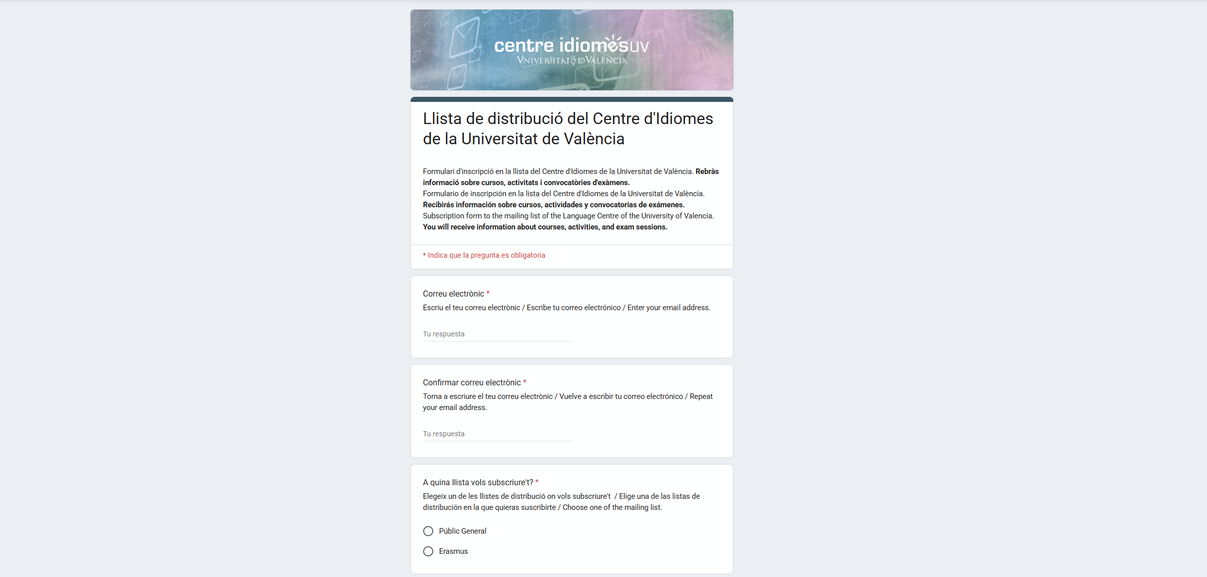 Formulari Inscripció Centre Idiomes UV