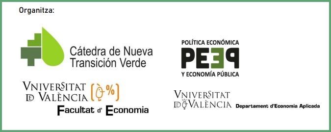 Cartell amb logos de les entitats organitzadores: la càtedra NTV, Facultat Economia UV, departament economia aplicada, màster poleco uv.