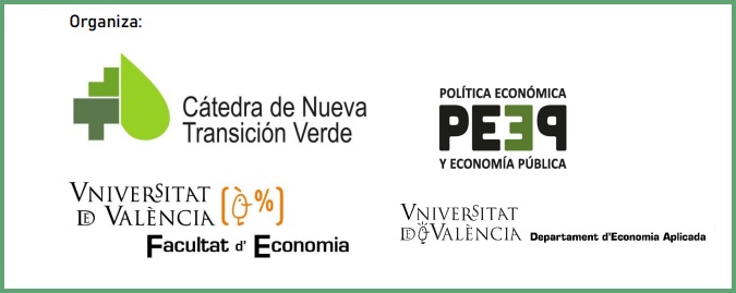 Cartel con logos de las entidades organizadoras: la cátedra NTV, Facultado Economía UV, departamento economía aplicada, máster poleco uv.