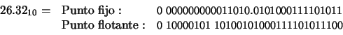 \begin{displaymath}\begin{array}{lll}26.32_{10} = & \mathrm{Punto~fijo:} &\m...... &\mbox{\small0 10000101 10100101000111101011100}\end{array}\end{displaymath}