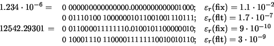 \begin{displaymath}\begin{array}{lll}1.234 \cdot 10^{-6} = & \mbox{\small0 000...... &\varepsilon_{r}(\mathrm{flt}) = 3 \cdot 10^{-9}\end{array}\end{displaymath}