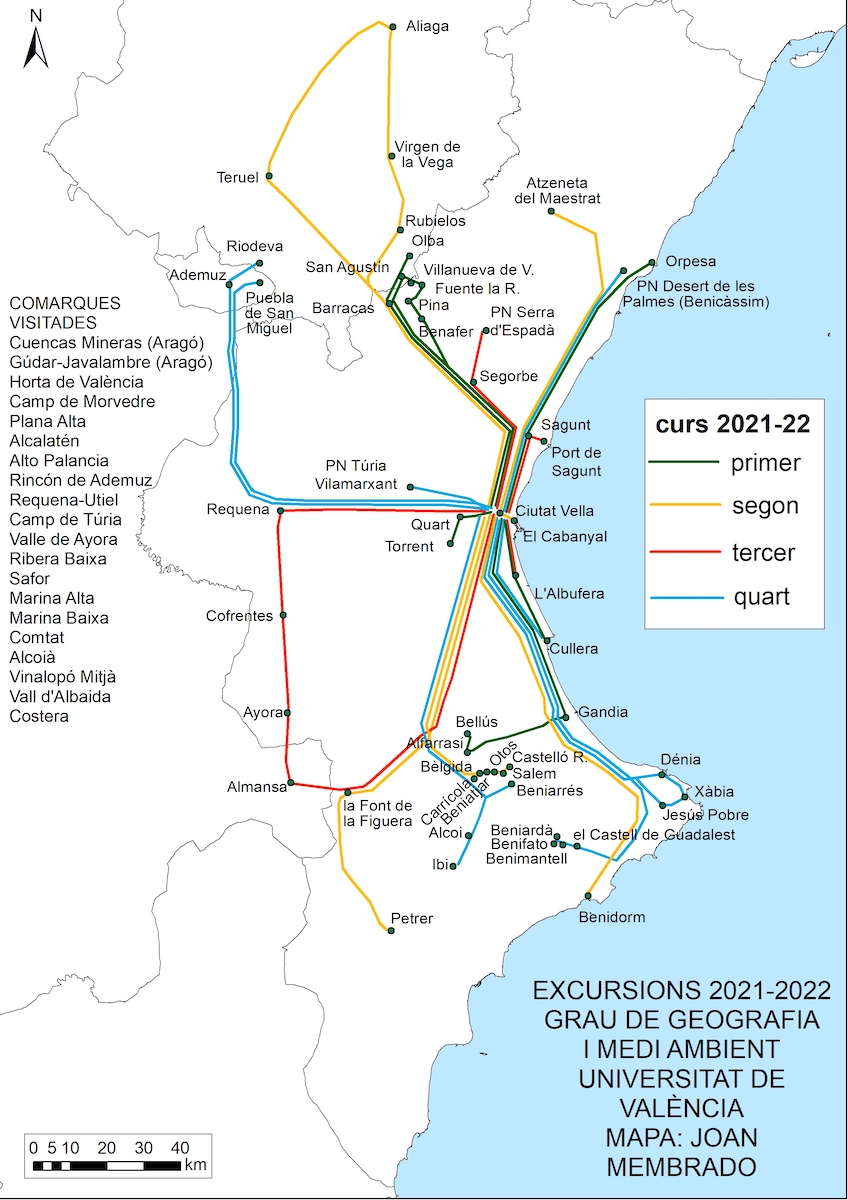 Mapa de les eixides de camp realitzades al grau en geografía i medi ambiente (2019/2020)