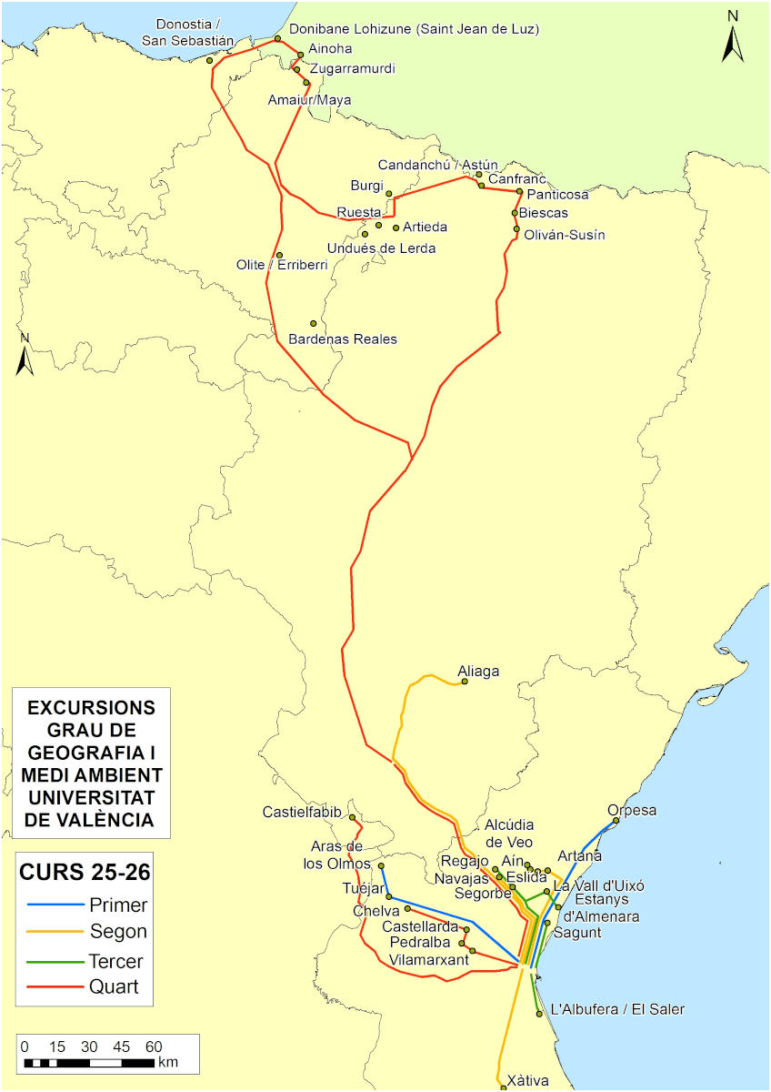 Mapa de les eixides de camp realitzades al Grau en Geografia i Medi Ambient (2025/2026)