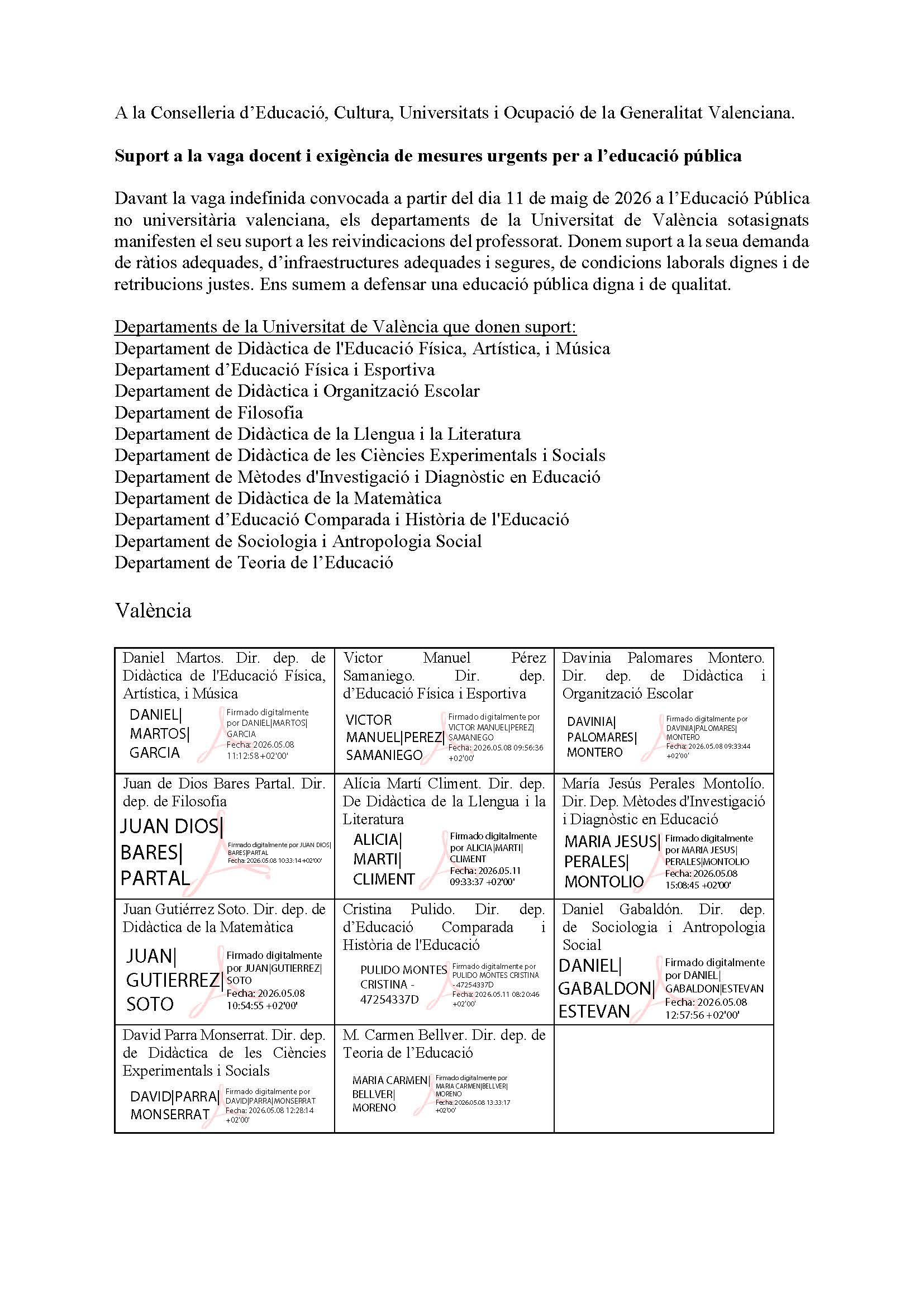 Manifest de suport a la vaga d'educació no universitària valenciana