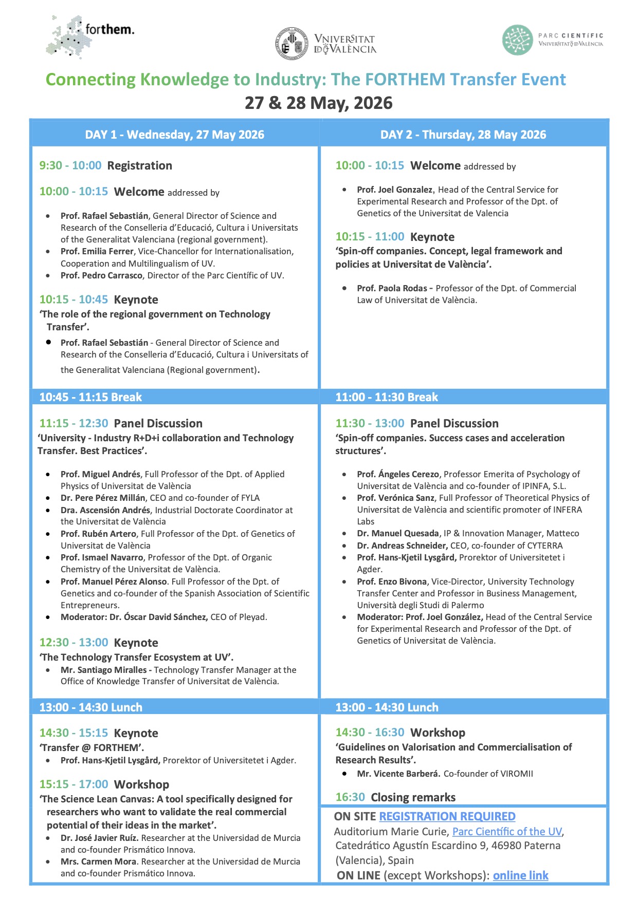 Agenda of the event