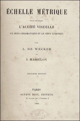'Échelle métrique pour mesurer l’acuité visuelle, le sens chromatique et le sens lumineux', 1886