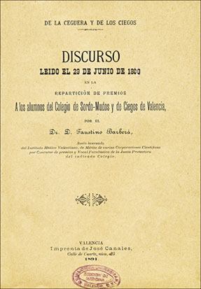 Portada del discurso de Faustino Barberá, De la Ceguera y de los ciegos