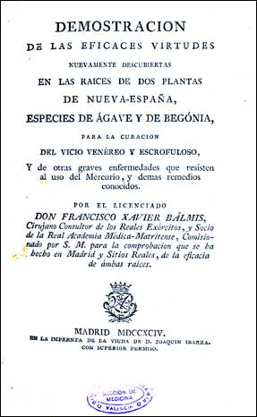 Portada del libro de Balmis, Demostracin de las eficaces virtudes (1794)