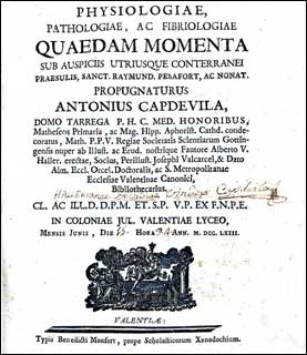 Portada de unas 'tesis' de oposición  a cátedra de Antonio Capdevila (1763)