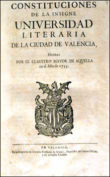 Portada de las Constituciones de la Universitat de Valncia (1733)