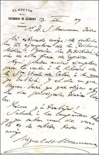 Detalle de una de las cartas de Unamuno con fecha 13 de abril de 1909