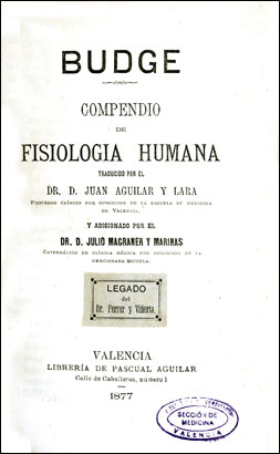 Portada de la traducción castellana por Juan Aguilar y Lara del 'Compendio de fisiología humana' de J. Budge
