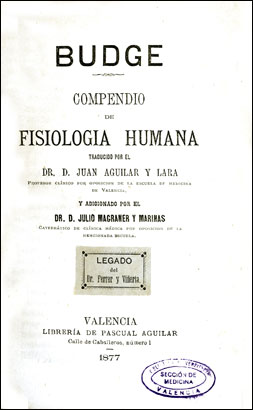 Portada de la traduccin castellana por Juan Aguilar y Lara del 'Compendio de fisiologa humana' de J. Budge