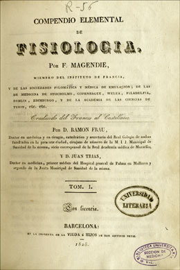 Portada de la traducción española de Ramón Frau y Juan Trías, del 'Compendio elemental de fisiología' de François Magendie (1828)