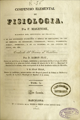 Portada de la traduccin espaola de Ramn Frau y Juan Tras, del 'Compendio elemental de fisiologa' de Franois Magendie (1828)