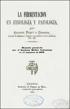 Portada de 'La fermentación en fisiología y patología' de Vicente Peset Cervera (1880)