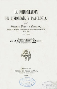 Portada de 'La fermentacin en fisiologa y patologa' de Vicente Peset Cervera (1880)