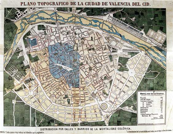 'Plano topogrfico de la ciudad de Valencia del Cid. Distribucin por calles y barrios de la mortalidad colrica'. Valencia, 1886