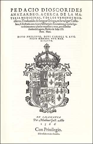 Portada de la 'Materia medica' de Dioscórides, en versión de Andrés Laguna