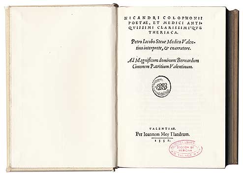 Portada del libro ‘Nicandri Colophonii poetae et medici...’. Valentiae, Joannes Mey, 1552