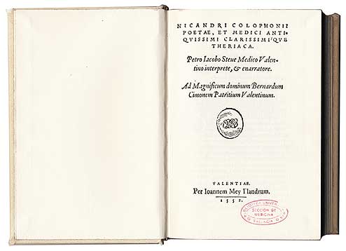 Portada del libro Nicandri Colophonii poetae et medici.... Valentiae, Joannes Mey, 1552