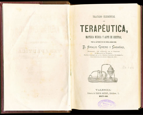 Portada del Tratado de Teraputica..., de Amalio Gimeno (1877-80)