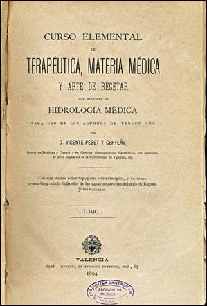 Portada del Curso elemental de teraputica..., de Vicente Peset (1894)