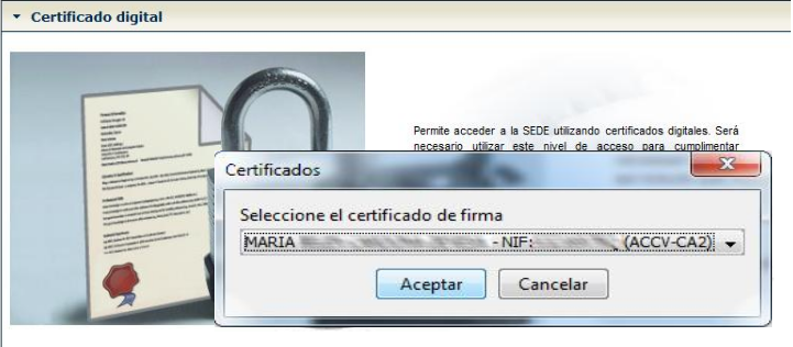 Captura de la caixa de selecció del certificat digital