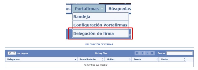 Captura de la pestanya delegació signatura del Portafirmes