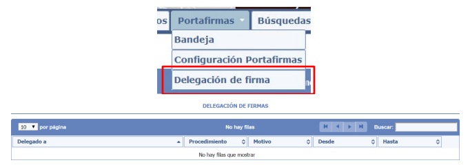 Captura Delegación de firma del Portafirmas