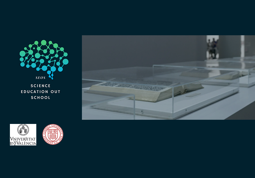 book in a showcase in a museum. Logo of Cornell university and Universitat of Valencia