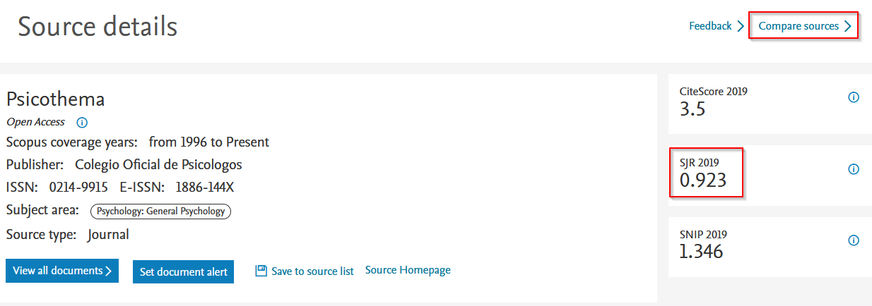 Exemple de fitxa completa de revista i al angle superior dret és el botó "compare sources"