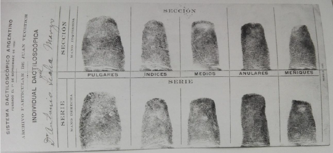 . Empremtes dactilars de Lecha Marzo preses per Juan Vucetich durant la seua visita a Madrid el 1913. Biblioteca Peset Llorca, IHMC, Universitat de València.