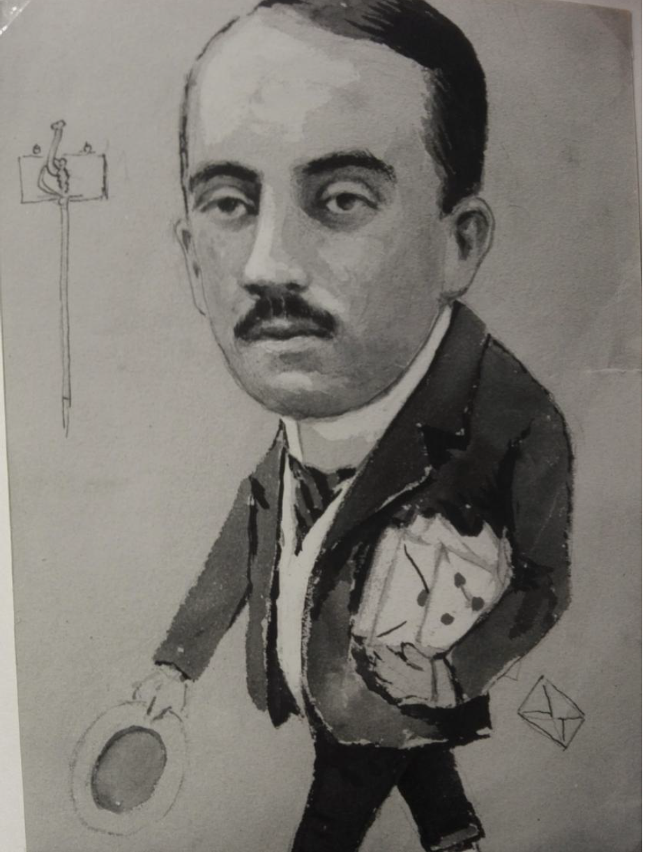 Caricatura d’Antonio Lecha Marzo amb un gran conjunt de cartes sota el braç. Biblioteca Peset Llorca, IHMC, Universitat de València.