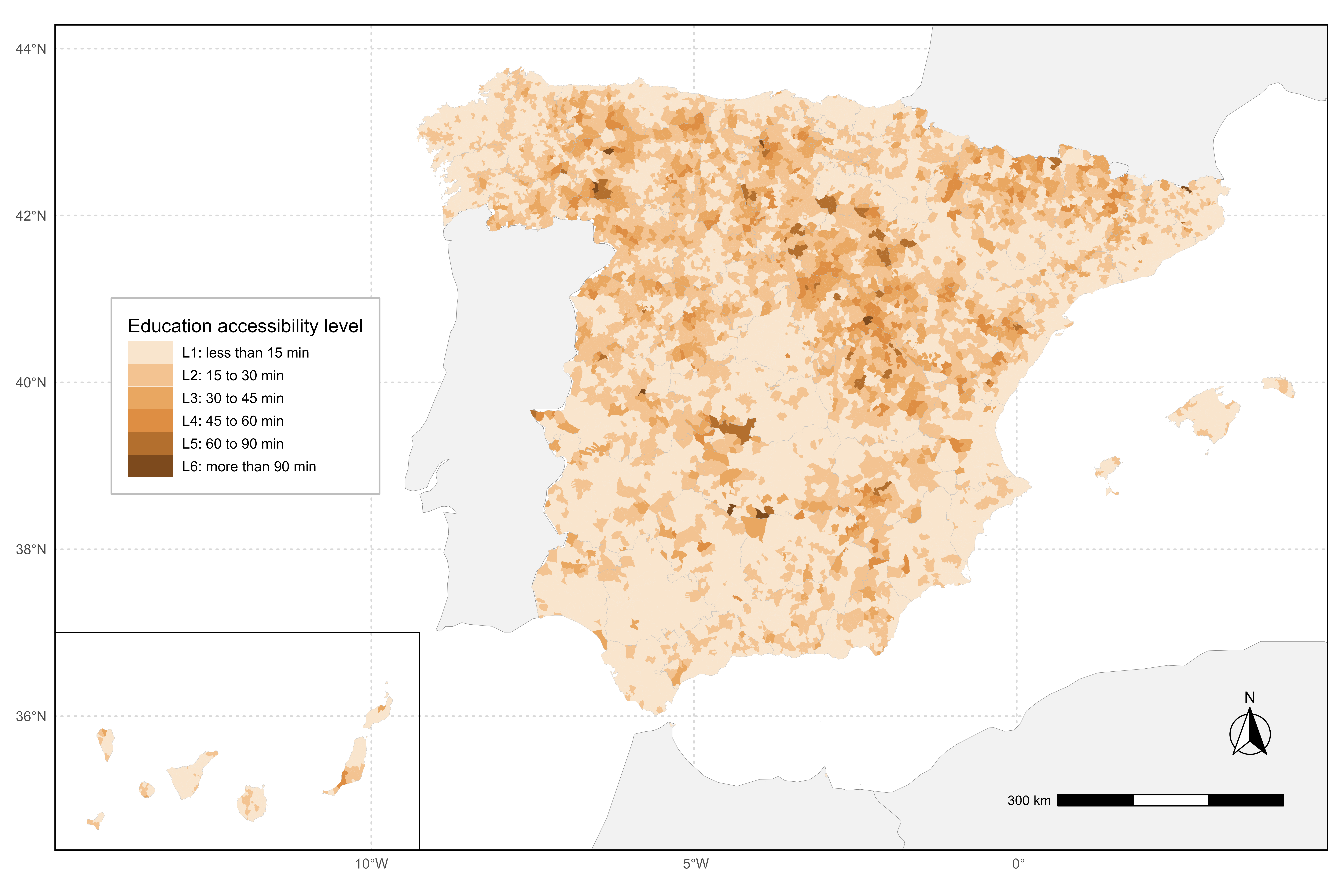 Distribución de la accesibilidad en educación por código postal en España en 2025. Extraído de Gento et al., 2026.
