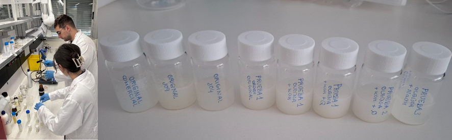 Miembros del grupo en el laboratorio y varios botes con muestras