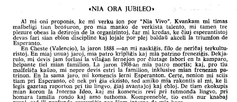 Facsímil del artículo «Nia ora jubileo» en el boletín de la Federación
