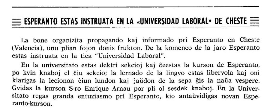 Facsímil del titular «Esperanto estas instruata en la Universidad Laboral de Cheste»