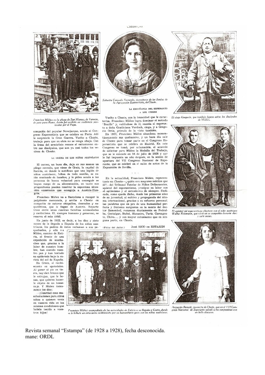 Dua paĝo de la raportaĵo, kun la fotoj de la aŭstraj infanoj kaj de la blindulo Gregorio
