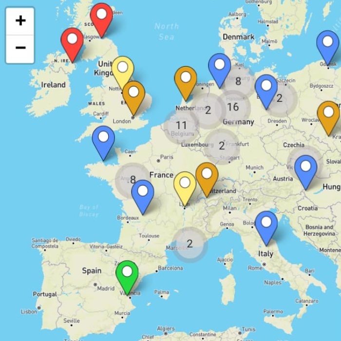 Mapa de eventos esperantistas en Europa, con Cheste marcado en España
