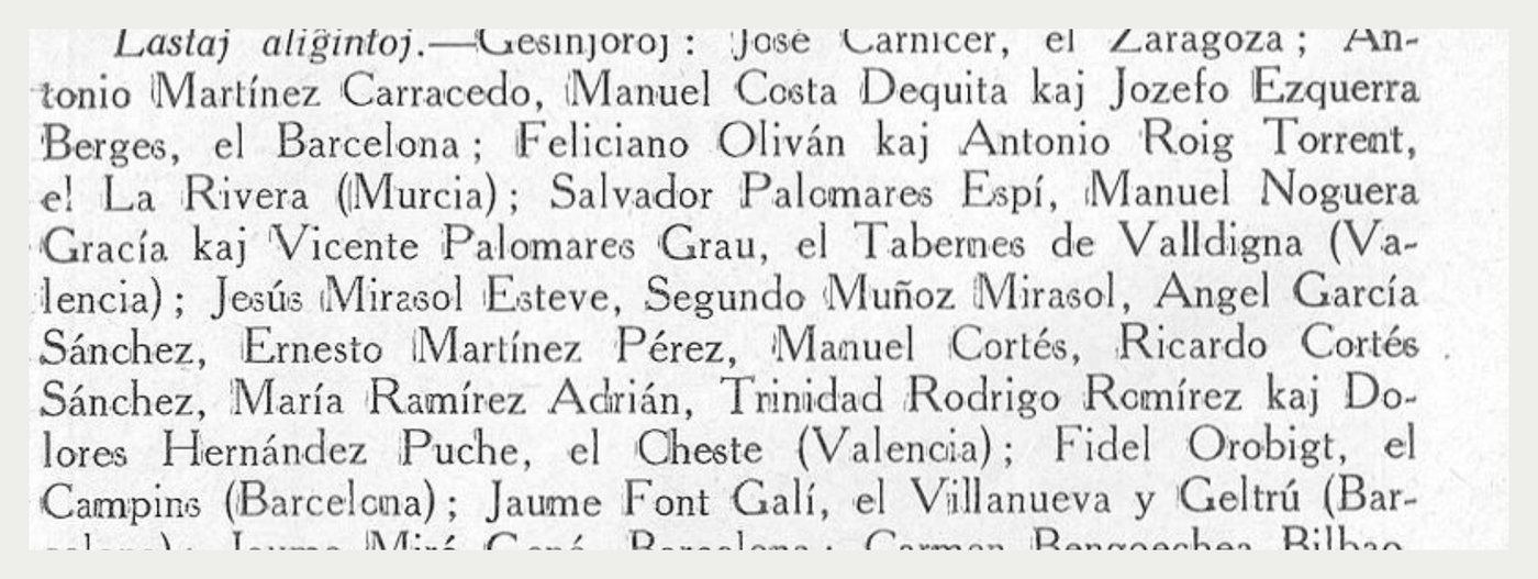 Lista de últimos inscritos al XI Congreso Español de Esperanto con nueve nombres de Cheste