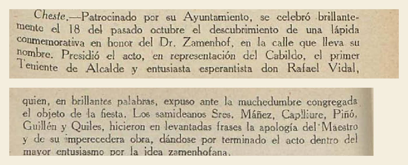 Recorte de la crónica «Cheste» en la Hispana Esperanto-Gazeto de noviembre de 1931