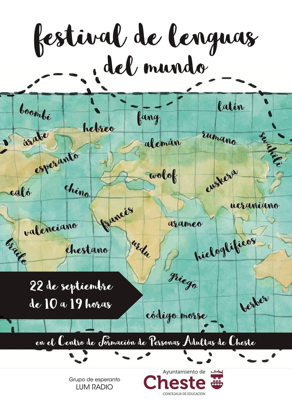 Cartel del Festival de Lenguas del Mundo con un mapa lleno de nombres de idiomas