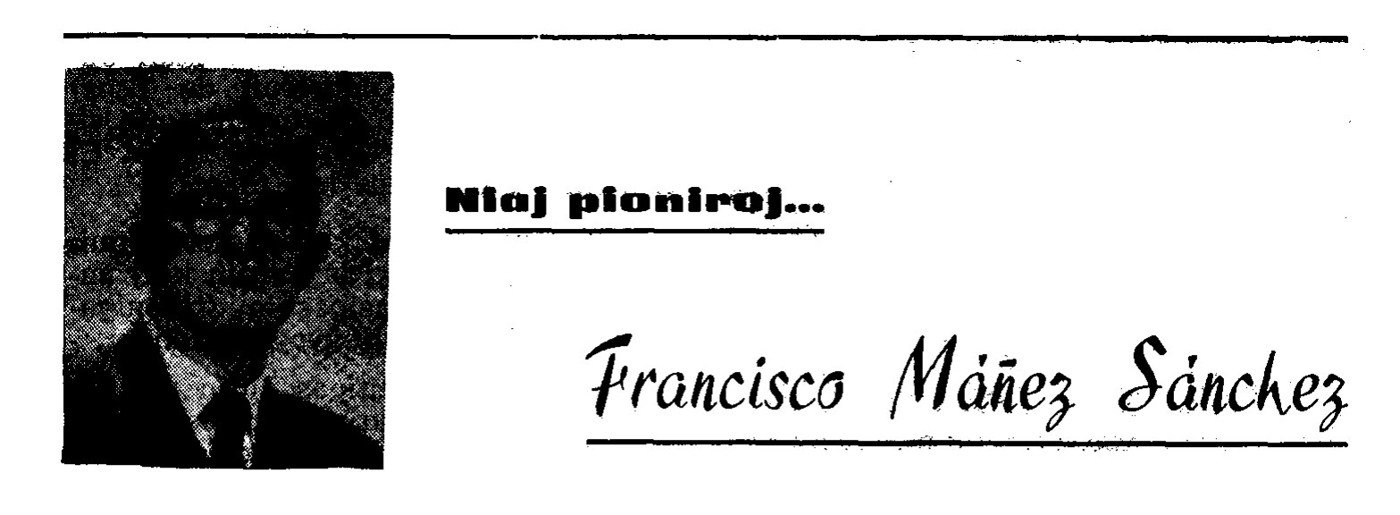 Cabecera de la sección «Niaj pioniroj» con el retrato de Francisco Máñez y su nombre manuscrito