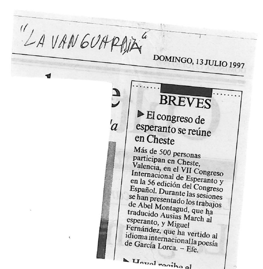 Recorte de La Vanguardia del 13 de julio de 1997 titulado «El congreso de esperanto se reúne en Cheste»