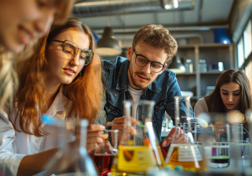 Jóvenes científicos trabajan en un laboratorio químico.