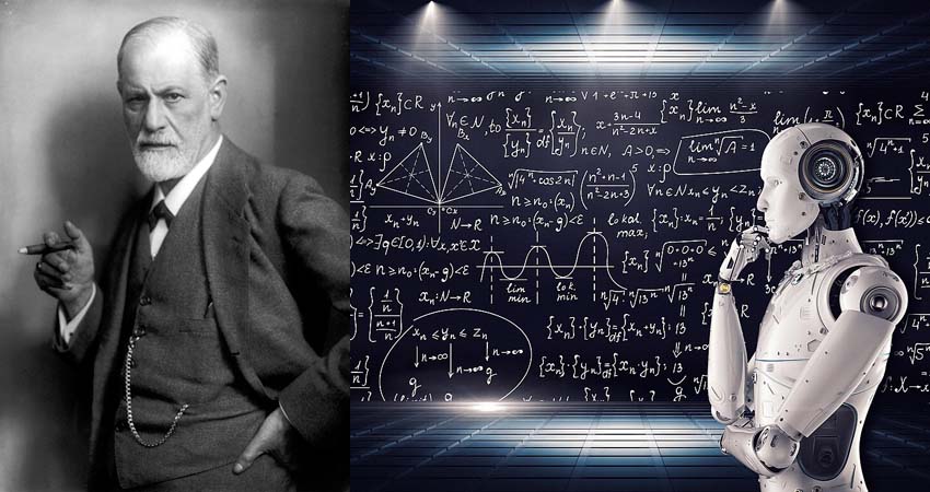 Foto de Sigmund Freud i d’un robot davant d’una equació