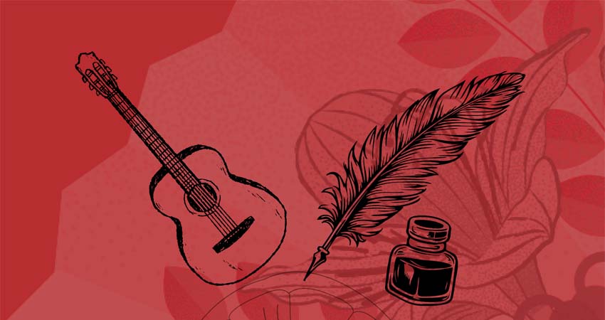 Dibuix d'una guitarra, una ploma i un tinter