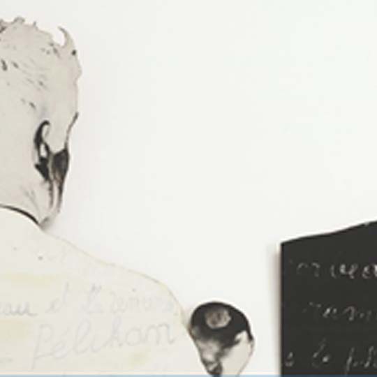 Drawing of a man looking at a sign